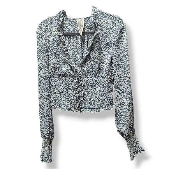 Free People Animal Print Ruffled Smocked Long Sleeve Blouse size Small - Picture 2 of 8